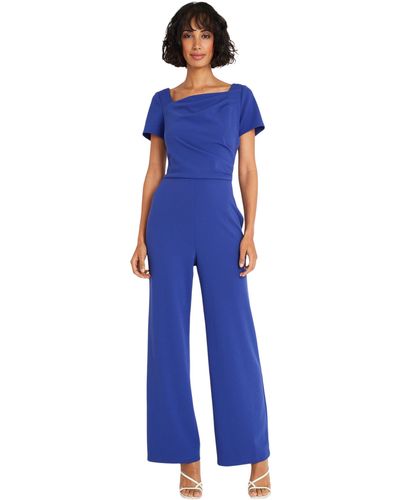 Maggy London Stylish And Chic Asymmetric Neck Short Sleeves | Jumpsuits For Dressy - Blue