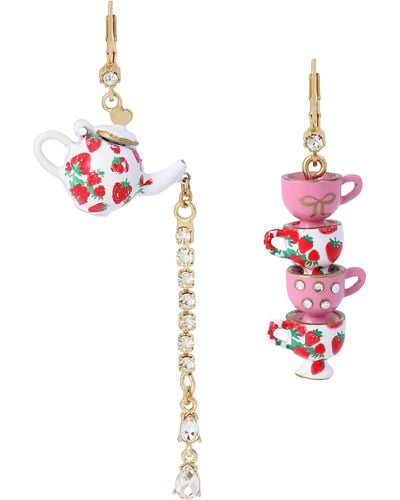 Betsey Johnson S Tea Party Mismatched Earrings Pink One Size - Metallic