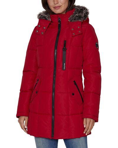 Nautica Heavyweight Puffer Jacket With Faux Fur Lined Hood - Red