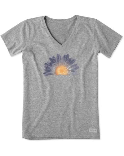 Life Is Good. Floral Print Short Sleeve Cotton Tee Graphic V-neck T-shirt - Gray