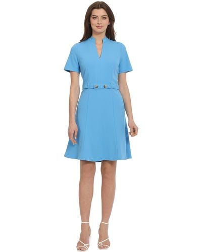 Maggy London Plus Size Notch Mock Neck Fit And Flare Crepe Dress - Blue