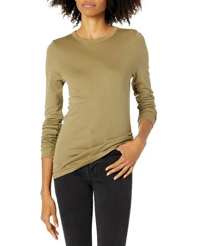 Enza Costa Womens Essential Supima Cotton Bold Long Sleeve Crew Neck Top T Shirt - Green