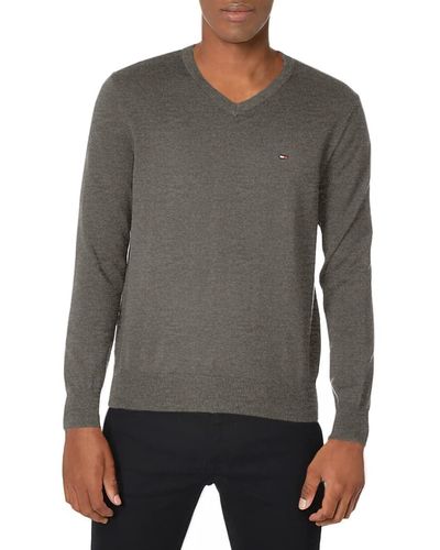 Tommy Hilfiger Mens Essential Long Sleeve Cotton V-neck Pullover Sweater - Gray
