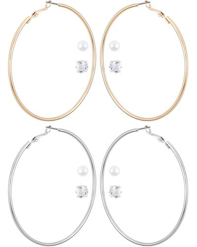 Guess Silver-tone And Gold-tone Large Hoop Earring With Pearl And Cz Stone Stud Earring Set - Metallic