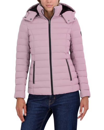 Nautica Short Stretch Puffer Jacket With Fur Hood - Red