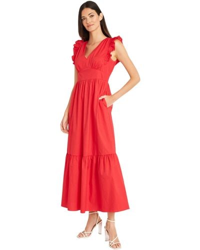 Maggy London V-neck Ruffle Details Cotton Poplin Maxi Dress - Red