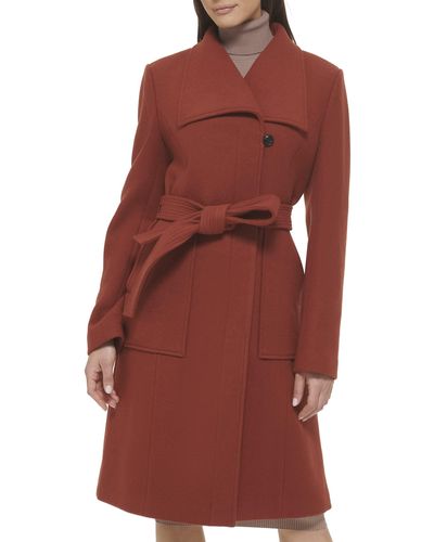 Cole Haan Belted Coat Wool With Cuff Details - Red