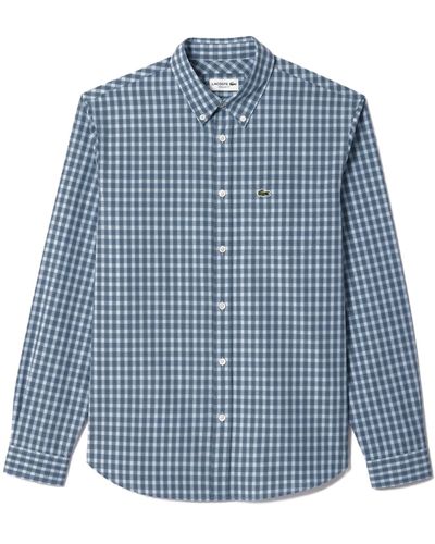 Lacoste Long Sleeve Regular Fit Plaid Casual Button Down Shirt - Blue