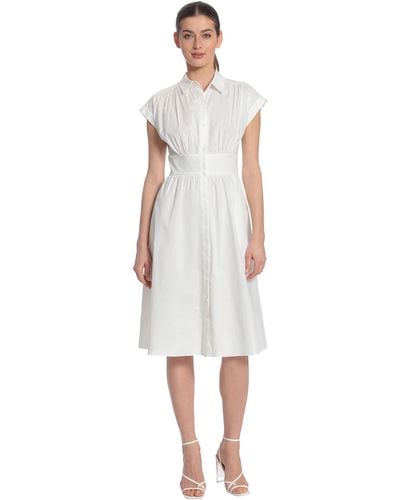 Maggy London Size Cap Sleeve Collar Dress With Wide Waistband And Front Placket - White