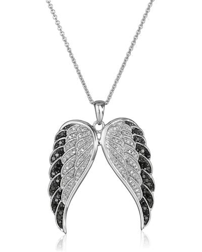 Amazon Essentials Sterling Silver Black And White Diamond Angel Wings Pendant Necklace