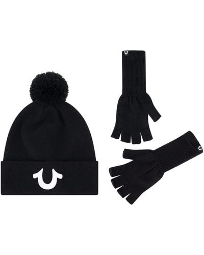 True Religion Beanie Hat And Fingerless Gloves Set - Black