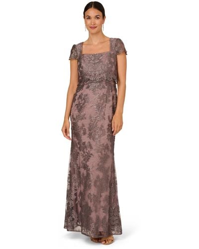 Adrianna Papell Metallic Embroidered Pop Over Mob Gown - Brown