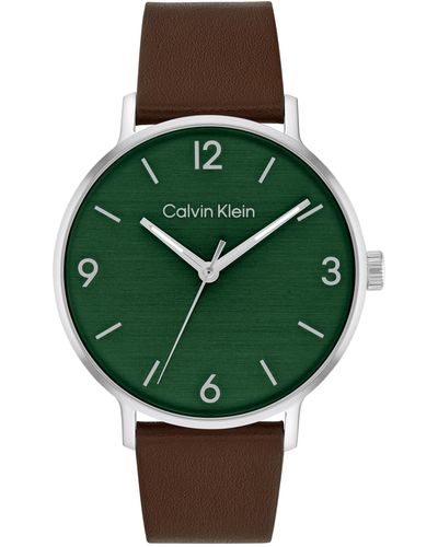 Calvin Klein Stainless Steel Case And Leather Strap - Water Resistant To 3atm/30 Meters - Premium Fashion Timepiece For Day-to-evening Style - Green