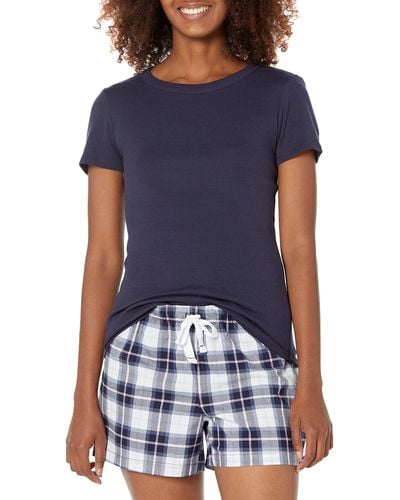 Amazon Essentials Conjunto de Camisetas para Dormir y Pantalón Corto de Popelín Mujer - Azul