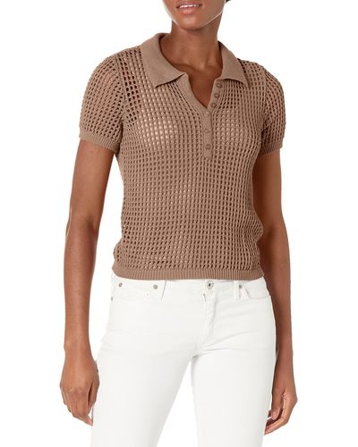 Calvin Klein Open Stitch Cap Sleeve Polo Shirt - Brown