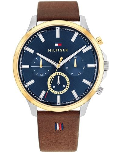 Tommy Hilfiger 1710496 Stainless Steel Case And Calfskin Strap Watch Color: Brown - Blue