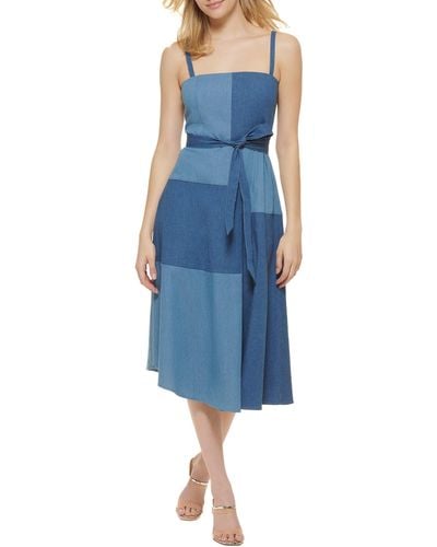 DKNY Sleeveless Denim Patchwork Belted Dress - Blue