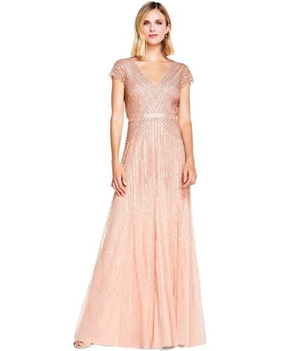 Adrianna Papell Cap Sleeve Linear Beaded Gown - Pink