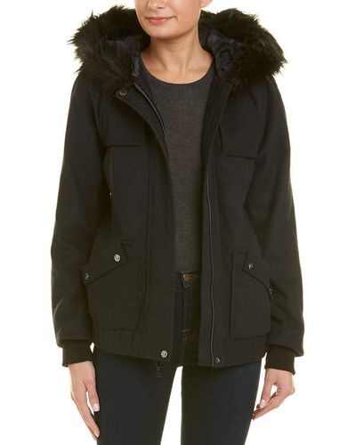 Kensie Womens Raglan Long Sleeve Faux Wool Coat Hooded Jacket - Black