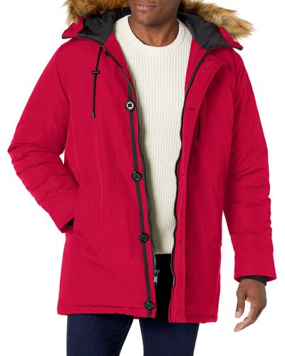 Guess Mens Heavyweight Hooded Parka Jacket With Removable Faux Fur Trim - Red