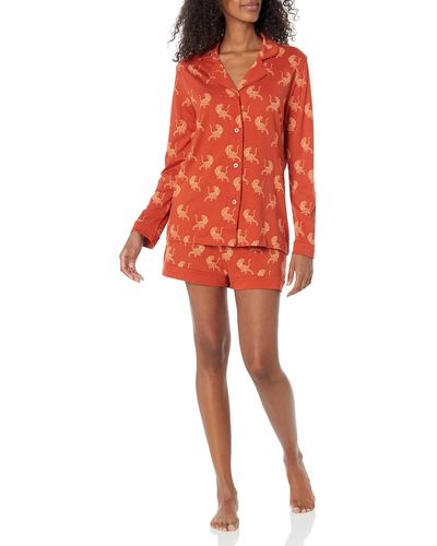 Cosabella Plus Size Bella Printed Comfort Long Sleeve Top Boxer Pajama Set - Red