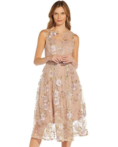 Adrianna Papell Floral Embroidery Flared Dress - Natural