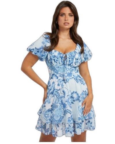 Guess Short Sleeve Gilda Smocked Dress - Blue