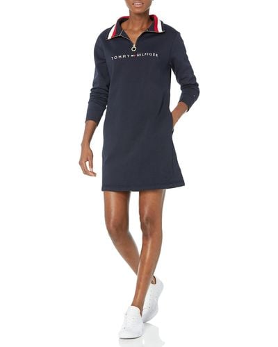 Tommy Hilfiger Womens Adaptive Mock Neck With Extended Zipper Pull Casual Dress - Blue