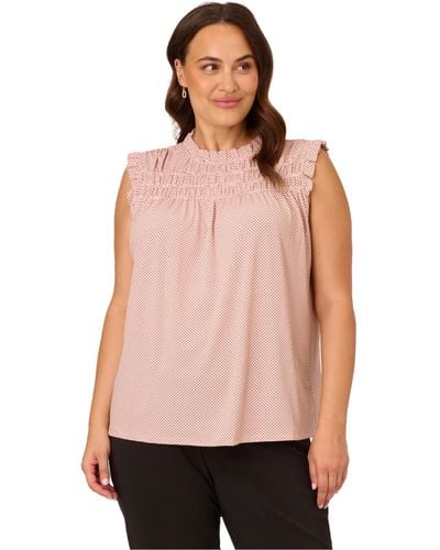 Adrianna Papell Plus Size Smocked Ruffle Neck Top - Pink