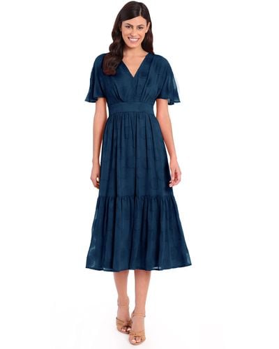 Maggy London Flutter Sleeve V-neck Midi Dress With Tiered Skirt - Blue
