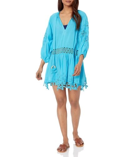 Ramy Brook Womens Embroidered Mini Linus Cover-up Dress Swimwear Cover Up - Blue