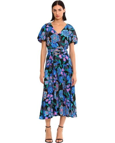 Donna Morgan Fun Print Colorful Dress Dressy Casual Day Event Party Date - Blue