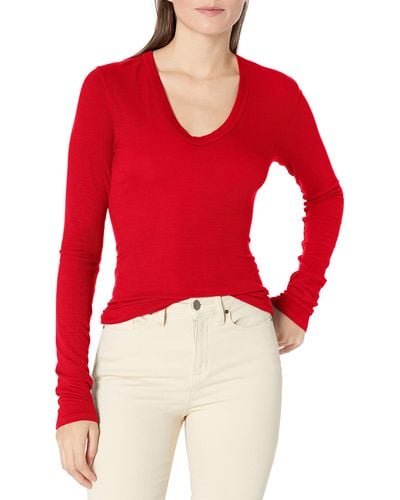 Enza Costa Womens Stretch Silk Rib Fitted Long Sleeve U-neck Top T Shirt - Red