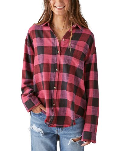 Lucky Brand Oversized Distressed Plaid Shirt - Red
