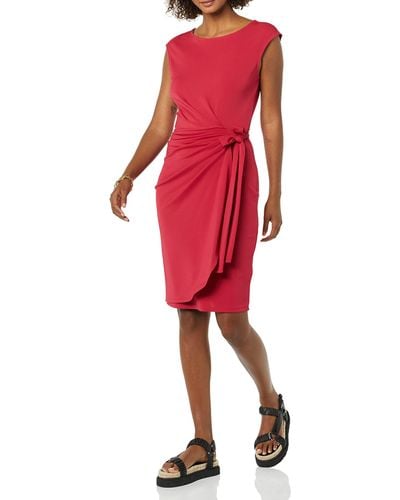Amazon Essentials Cap Sleeve Boat-neck Faux Wrap Dress - Red