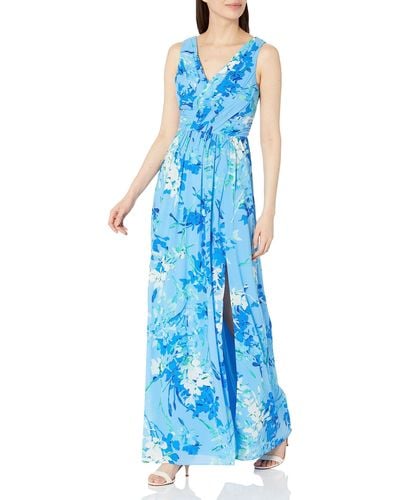 Adrianna Papell Floral Print Sleeveless Gown - Blue