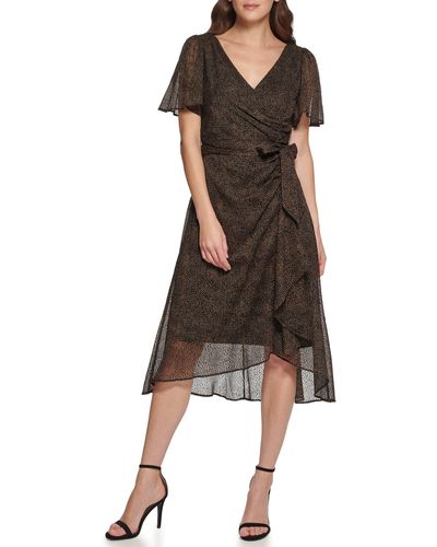 DKNY Flutter Sleeve V-neck Dress - Brown