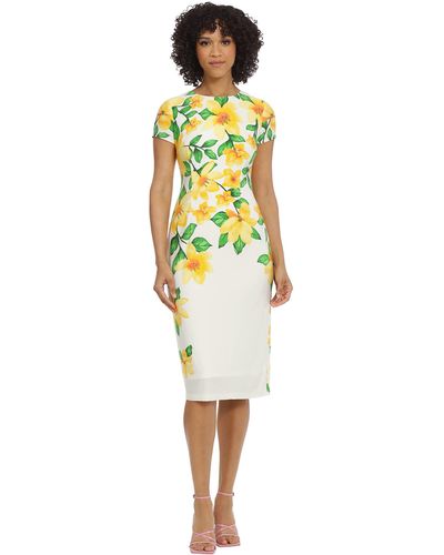 Maggy London Placement Print Matte Jersey Midi Sheath Career Office Workwear Event Occasion Guest Of - Yellow