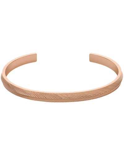 Fossil Harlow Linear Texture Rose Gold-tone Stainless Steel Cuff Bracelet - Brown