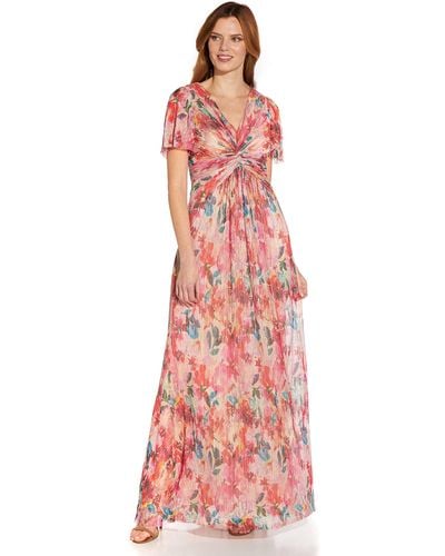 Adrianna Papell Printed Metallic Crinkle Floral Twist Front Gown - Red