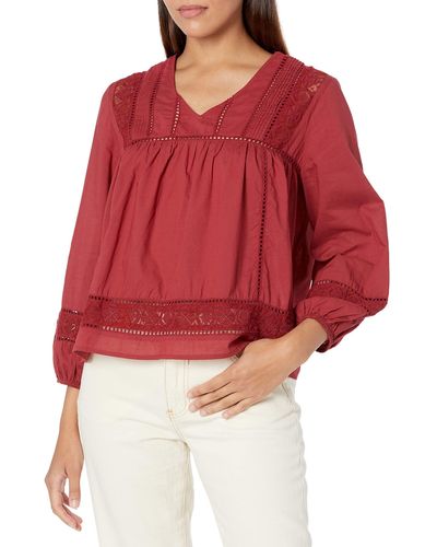 Lucky Brand Long Sleeve V-neck Embroidered Peasant Blouse