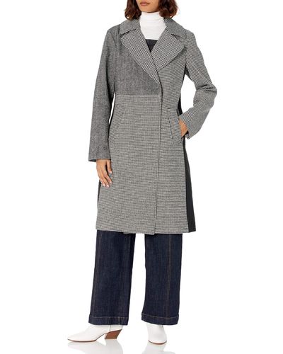 Rachel Roy Plus Size Mixed Print Synthetic Wool Long Coat - Gray