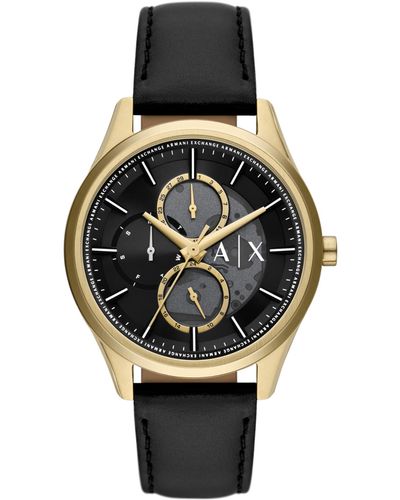 Emporio Armani A|x Armani Exchange Multifunction Gold-tone Stainless Steel And Black Leather Band Watch - Metallic