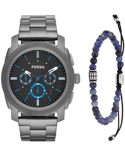 Fossil Machine Quartz Stainless Steel And Stainless Steel Chronograph Watch Beaded Sodalite Bracelet - Blue