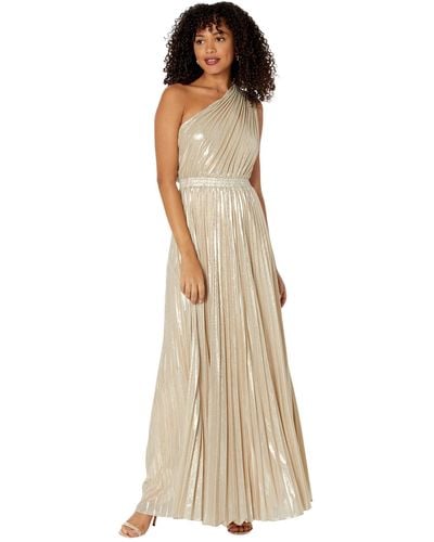 BCBGMAXAZRIA Floor Length Evening Gown One Shoulder Strap Pleated Dress - Natural
