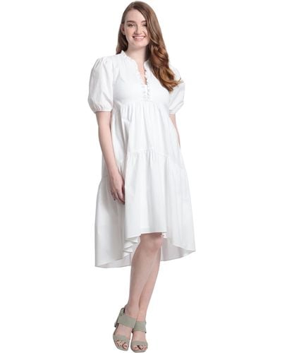 Maggy London London Times Womens Short Sleeve Ruffle V-neck Tiered Hi-low Tent Dress - White