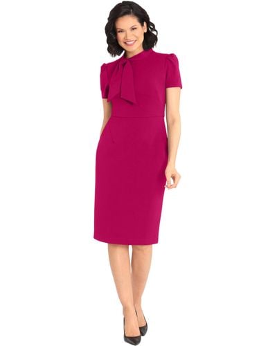 Maggy London S Midi Short Sleeve Sheath With Neck Tie Career Office Work Wear Cocktail Dress - Pink