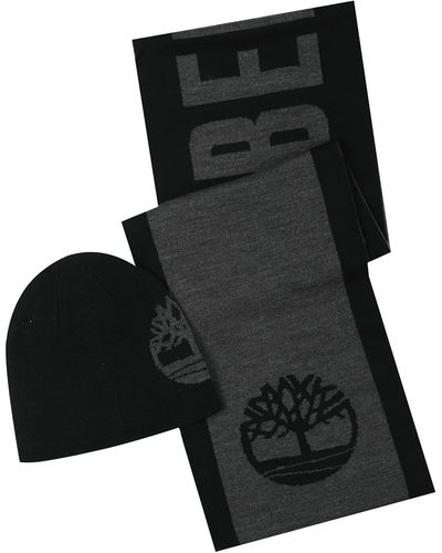 Timberland Reversible Hat Logo Jacquard Scarf Set - Black