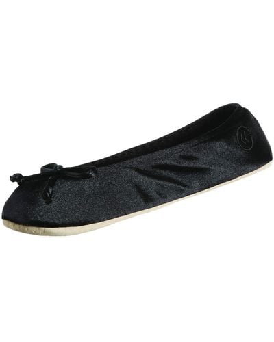 Isotoner Satin Ballerina Slippers With Classic Ribbon Suede Sole - Black