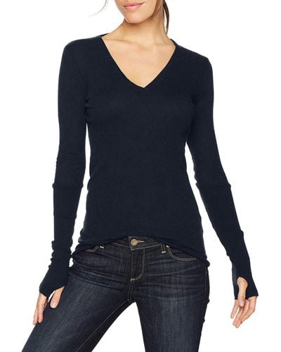 Enza Costa Cashmere Long Sleeve Cuffed V-neck Top With Thumbhole - Blue